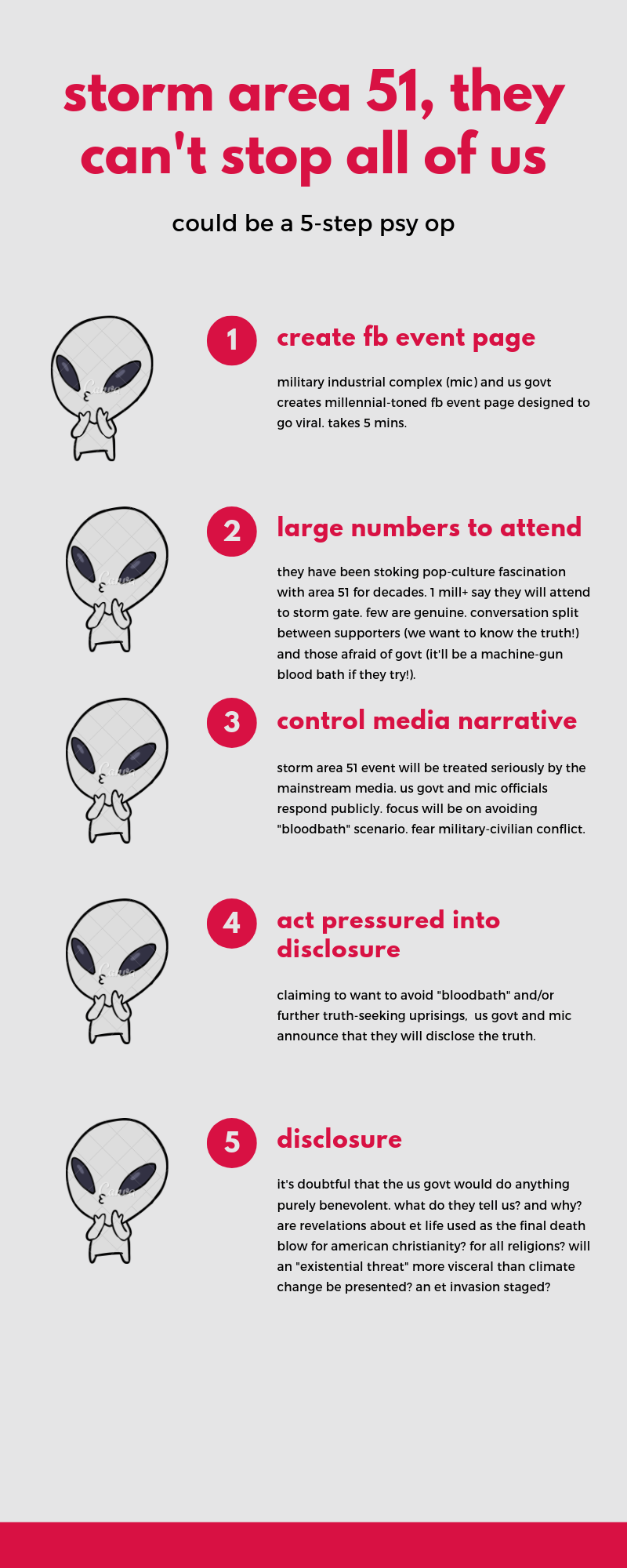 infographic with 5 steps explaining how the storm area 51, they can't stop all of us facebook event is a government orchestrated psychological operation. it could lead to alien disclosure about extraterrestrial life.